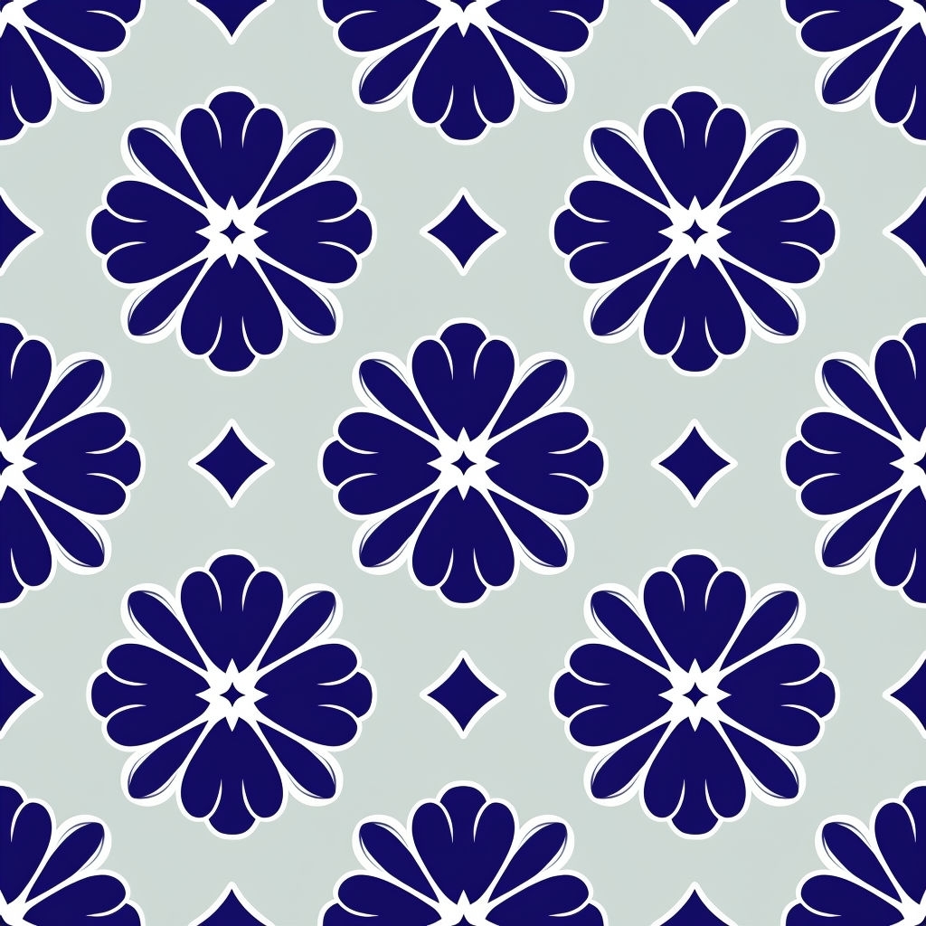 Navy Blue Floral Geometric Seamless Pattern on Light Gray Background