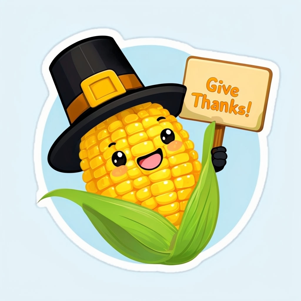 Cheerful Cartoon Corn on the Cob with Pilgrim Hat Sticker