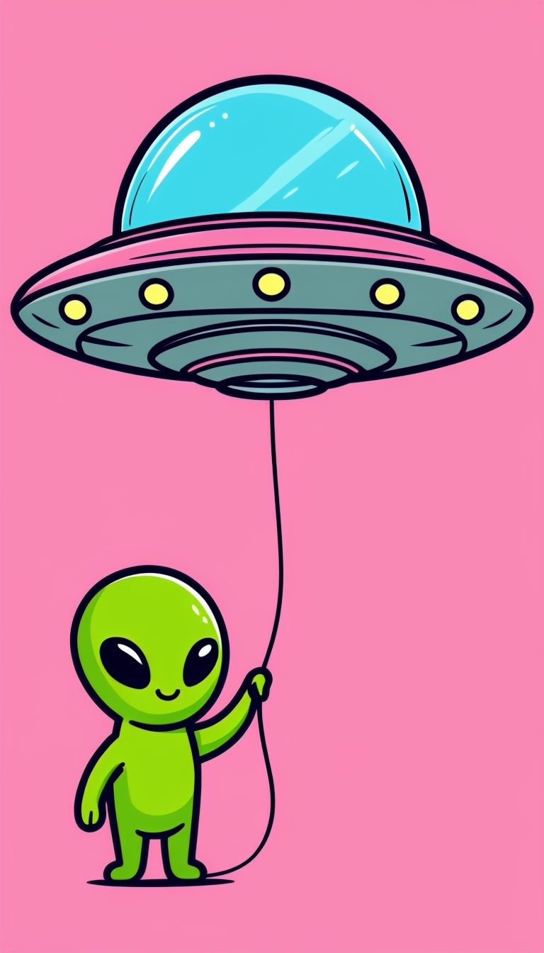 Playful Lime Green Alien with UFO on Pink Background Mobile Wallpaper