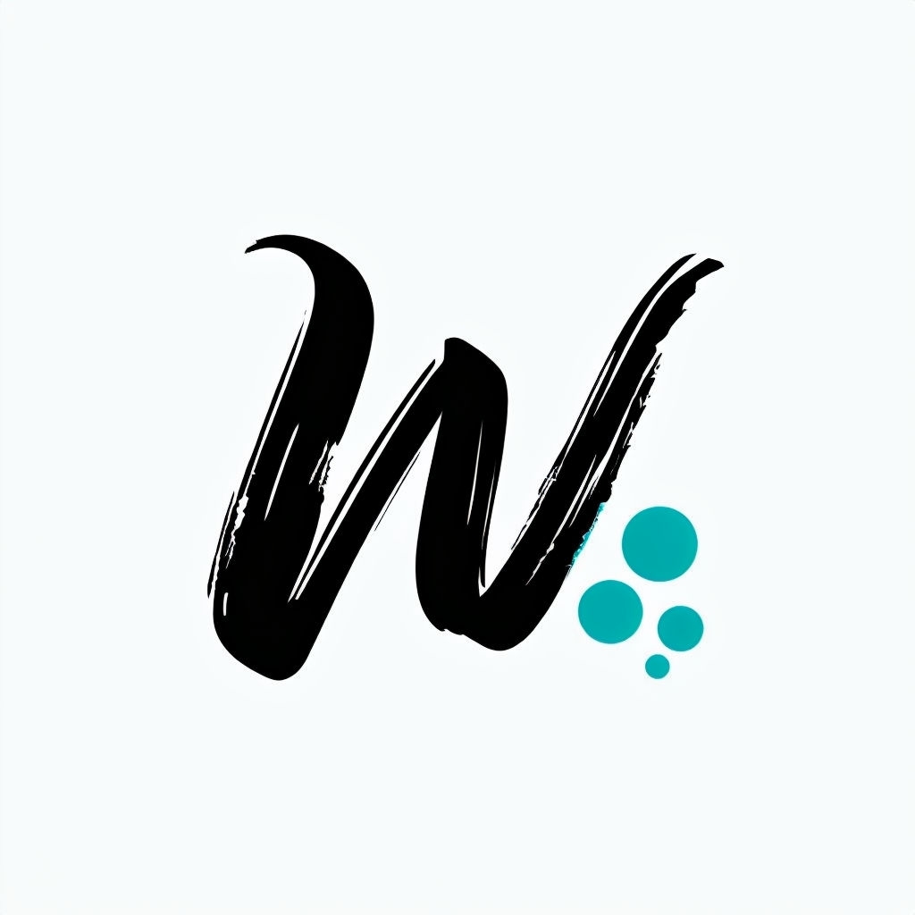 Dynamic Black W Calligraphic Logo with Teal Splatter Dots Monogram