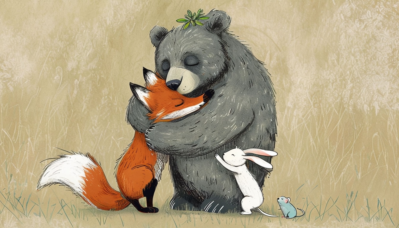 Whimsical Forest Animals Embracing Illustration for Virtual Backgrounds