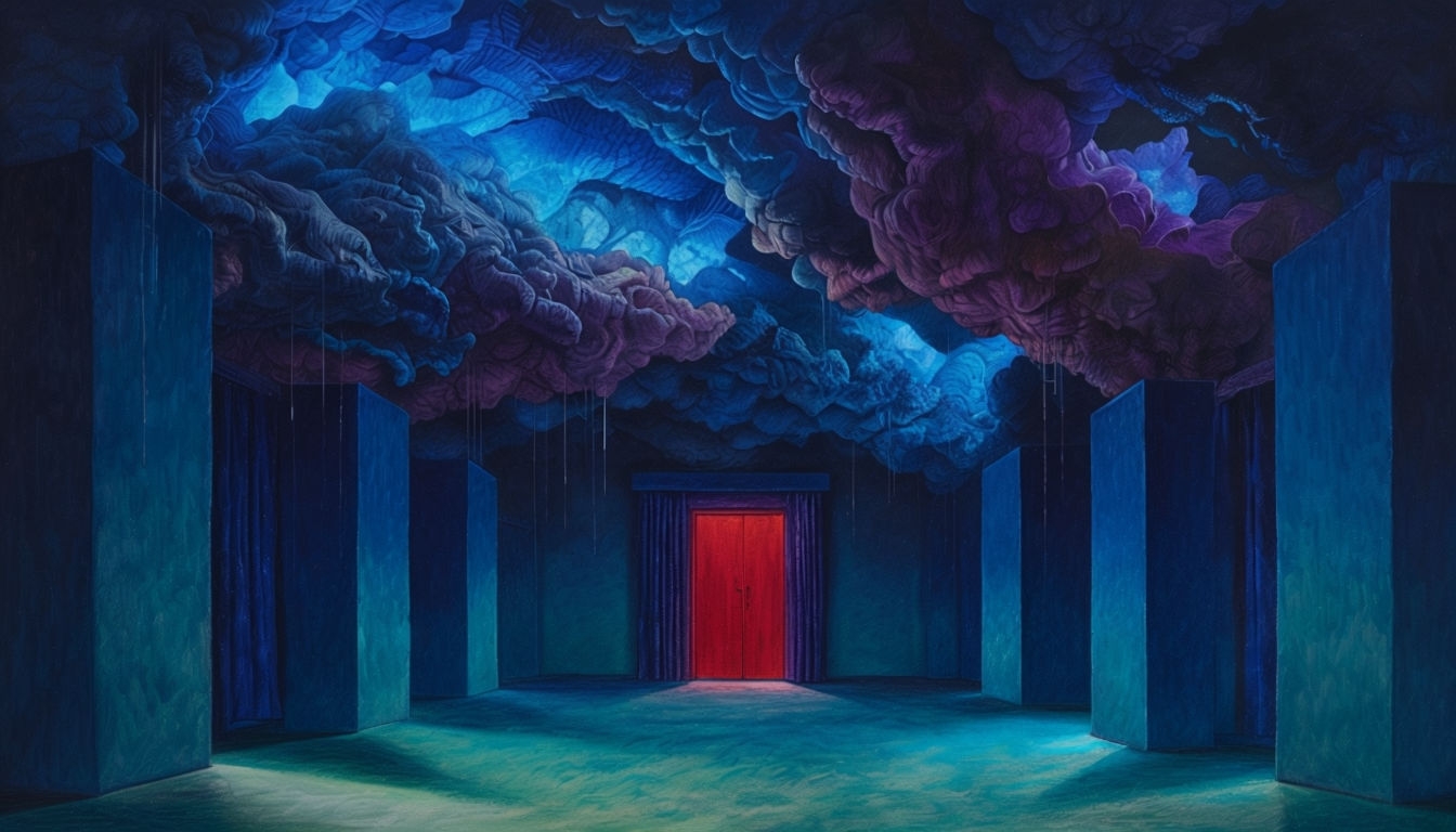 Vibrant Otherworldly Corridor with Red Door Digital Background