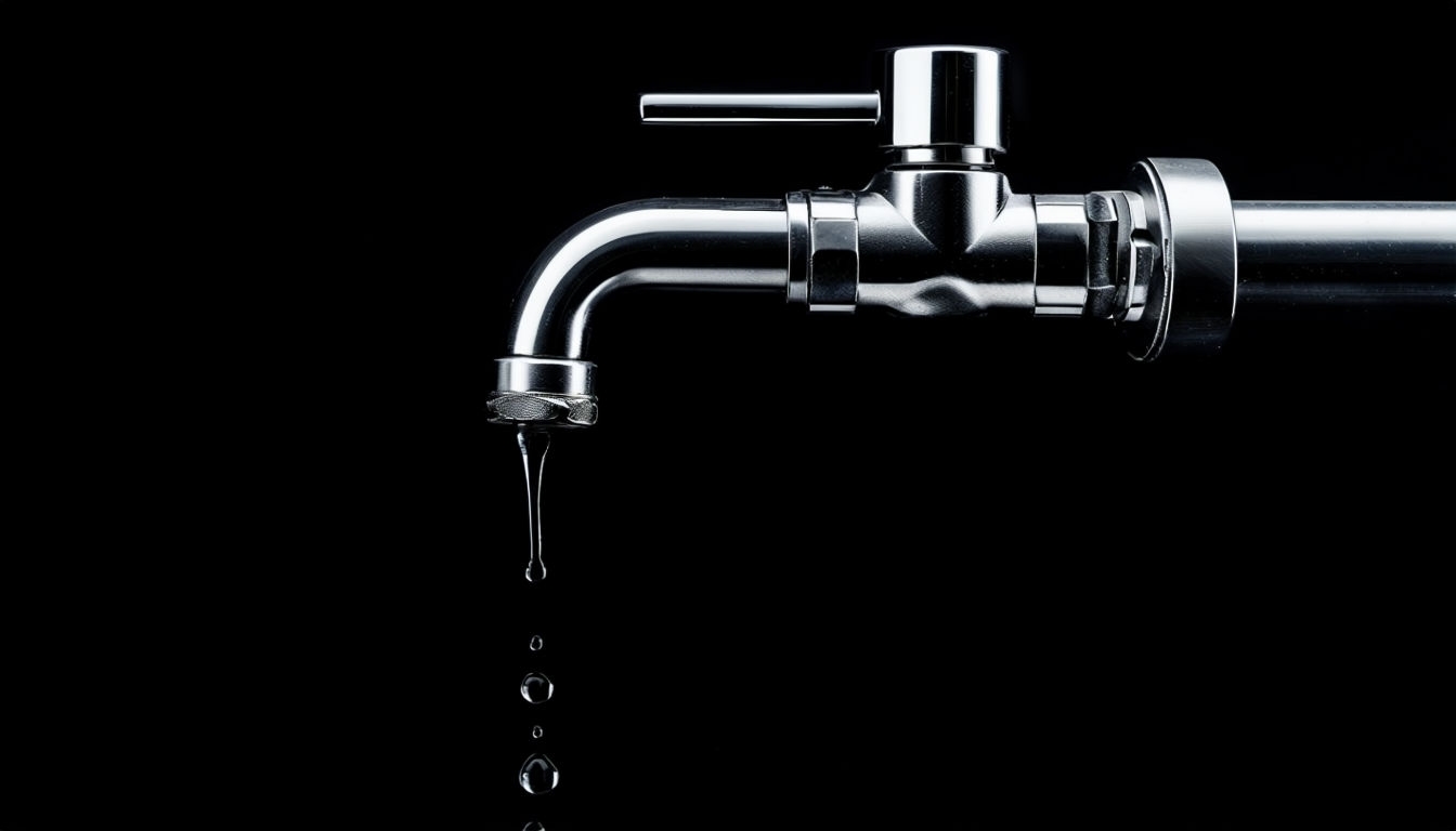 Minimalist Metallic Faucet Photo with Water Droplets Background
