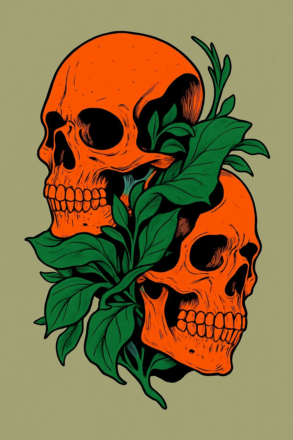 Intricate Tattoo Style Orange Skulls with Green Leaves T-Shirt