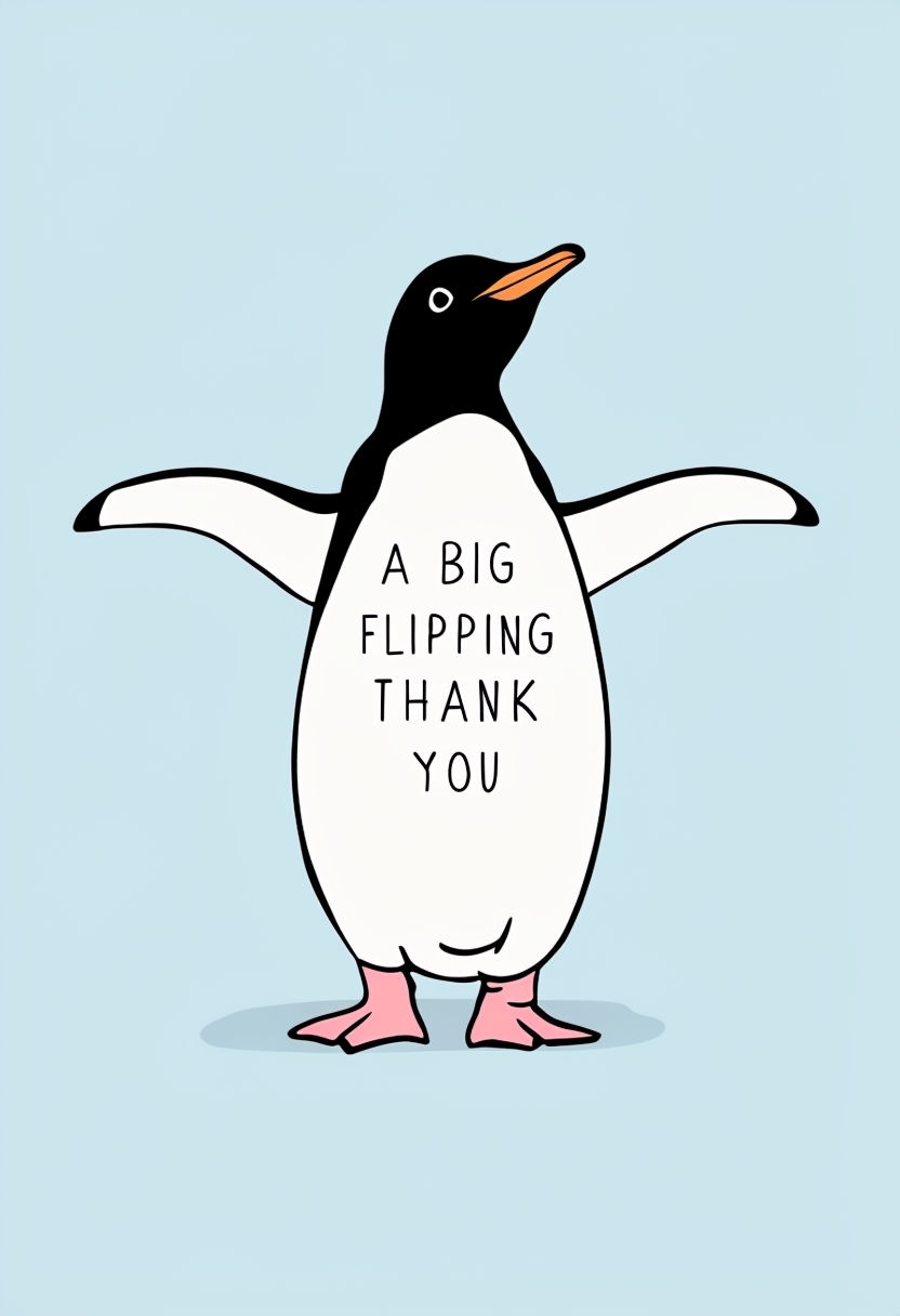 Cheerful Penguin Thank You Card with Playful Handwritten Text Cards & Invites