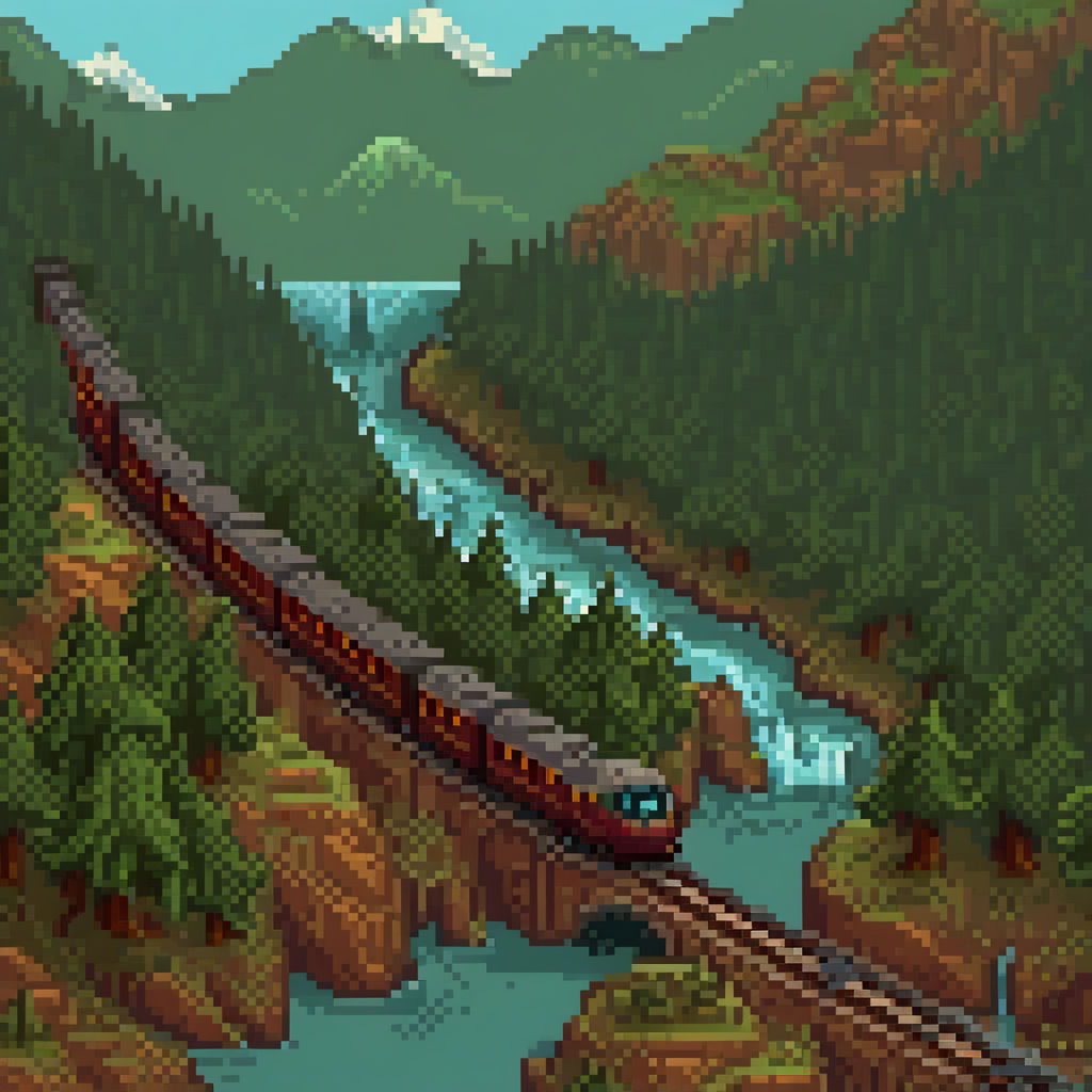 Pixel art illustration of a train carving its path between t... by Nico ...