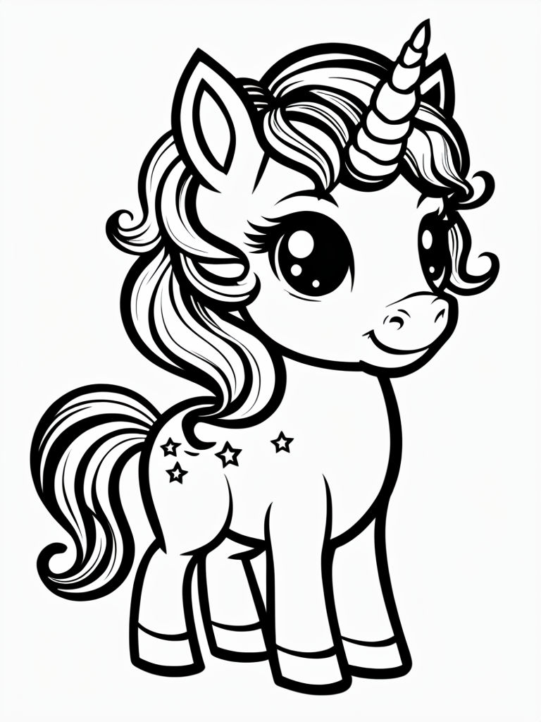 Adorable Cartoon Unicorn Outline Drawing for Coloring Book Pages