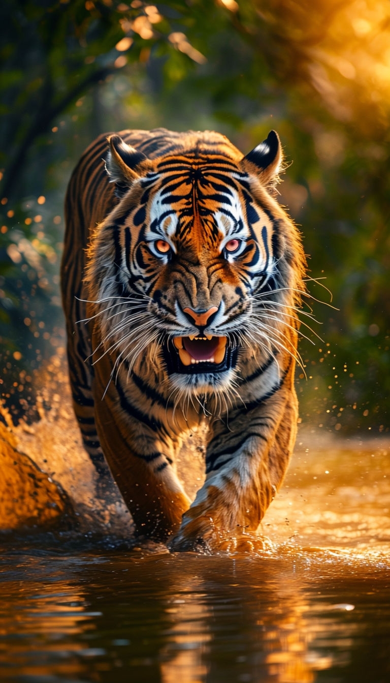 Majestic Tiger Running Through Water in a Lush Jungle Mobile Wallpaper