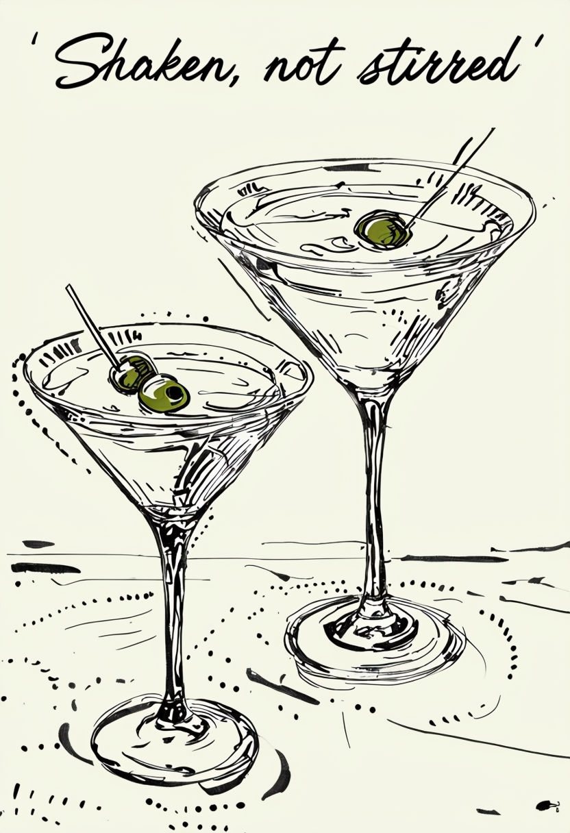 Elegant Shaken Not Stirred Martini Glasses Line Art Poster