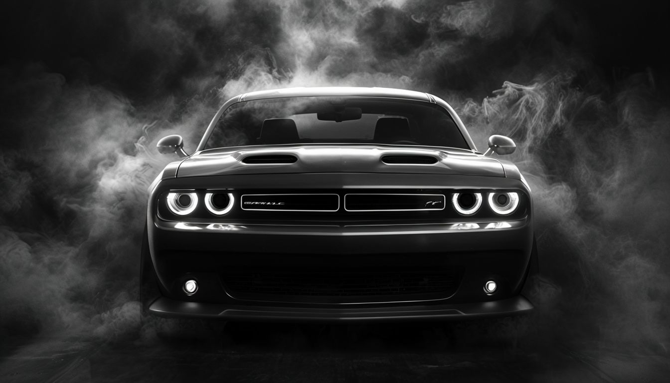 Dramatic Black-and-White Muscle Car in Smoke Virtual Background