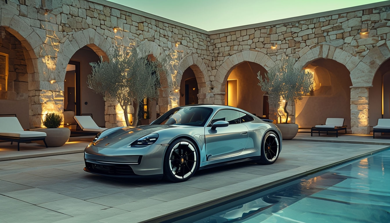Sleek Silver Porsche Electric Car in Elegant Courtyard Setting Virtual Backgrounds