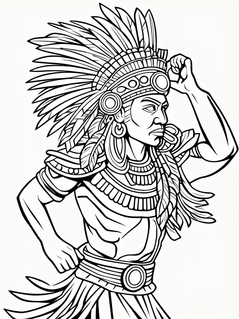 Intricate Aztec Ruler Dance Line Art for Coloring Book Pages