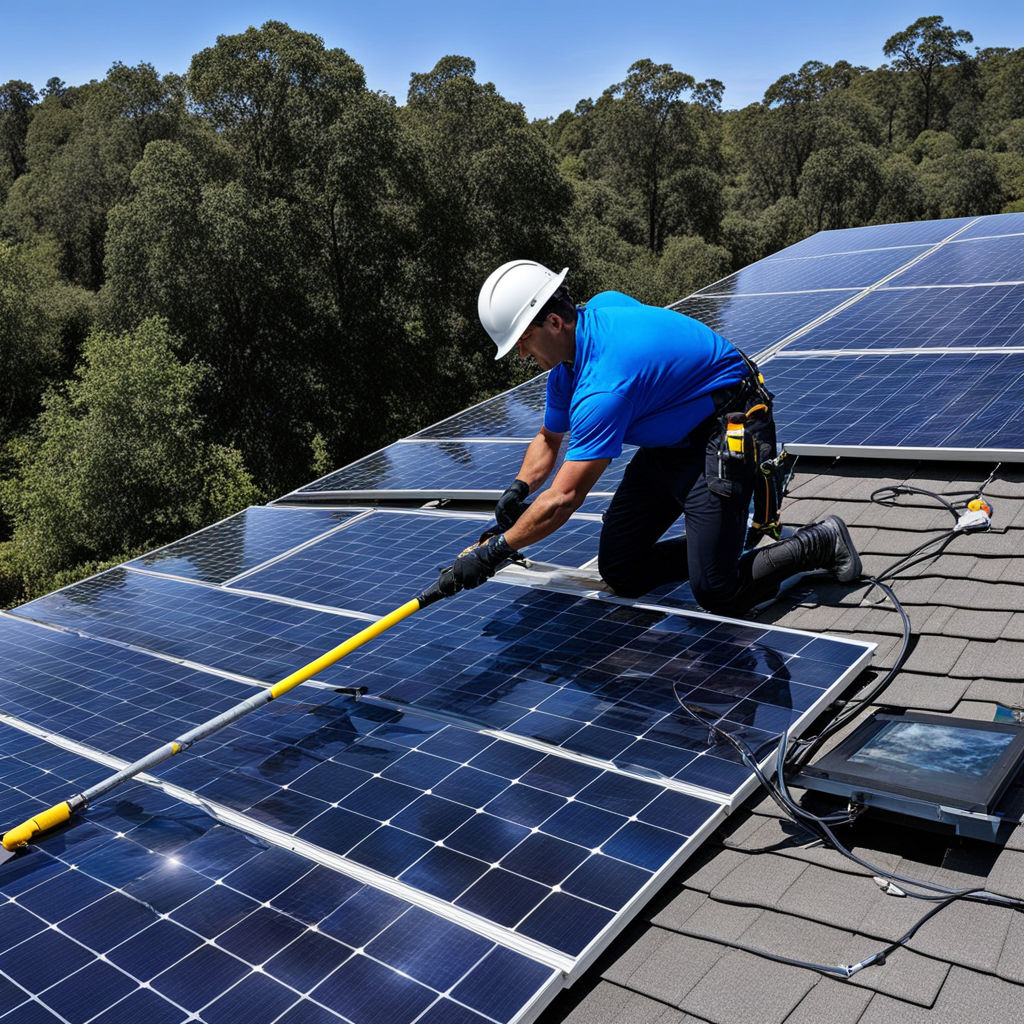 Contractor cleaning solar panels with water fed pole on a re... by