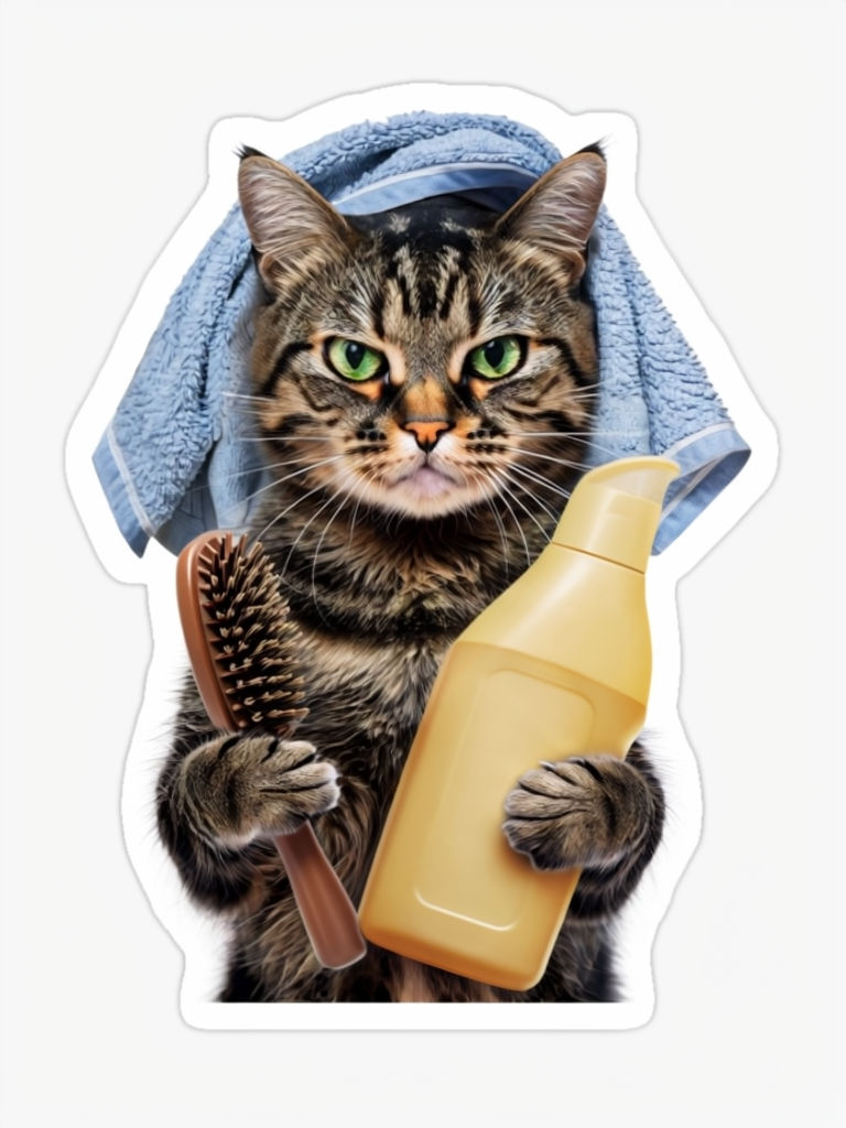 Whimsical Tabby Cat Grooming Sticker with Bath Time Theme