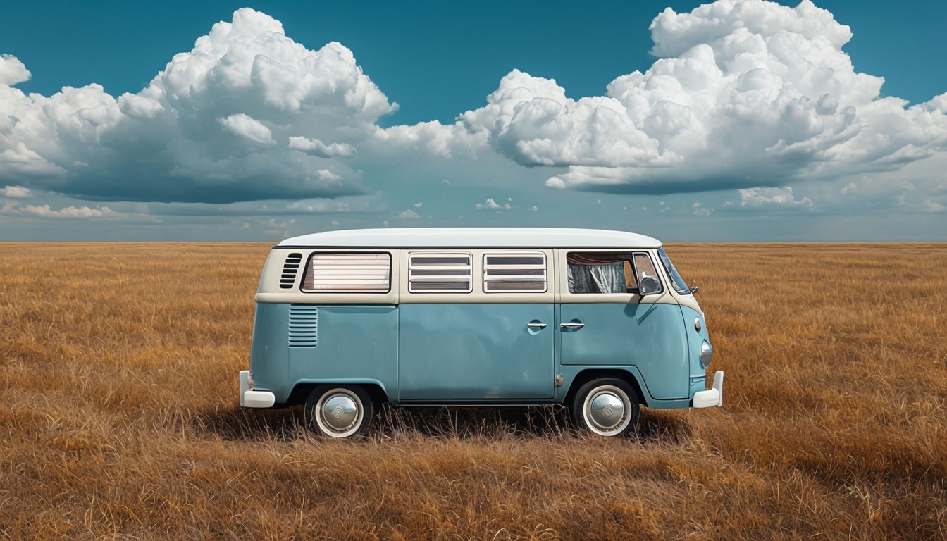 Vintage Volkswagen Van in Tranquil Golden Grass Field Virtual Background