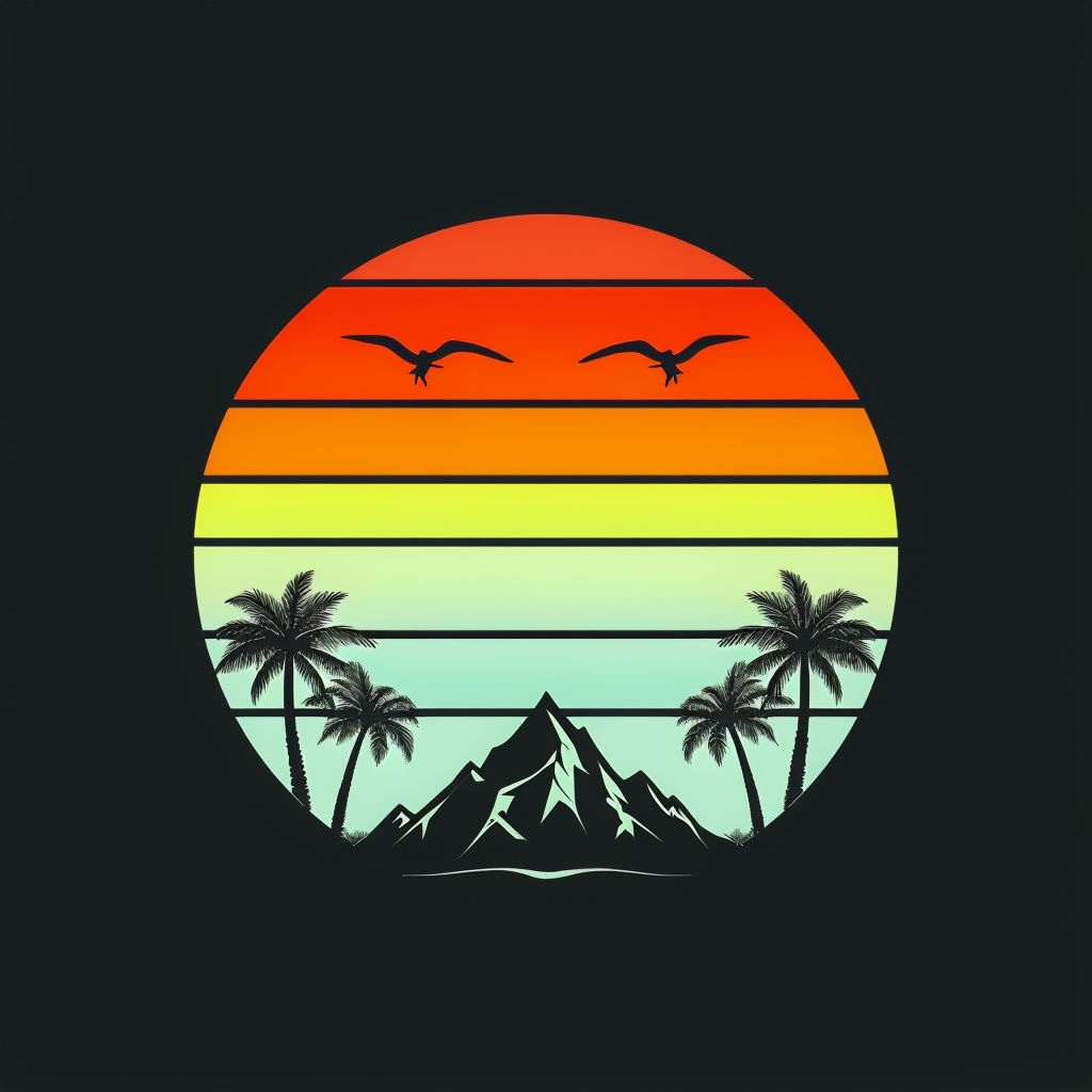 Vibrant Retro Sunset with Seagulls and Mountains T-Shirt