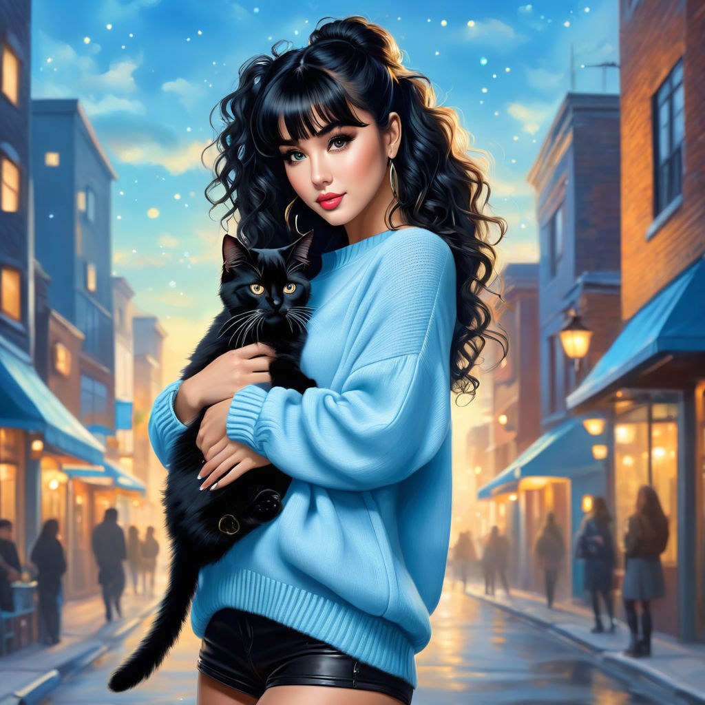 Anime style art catgirl with black hair blue eyes wearing bare midriff  outfit heading to club