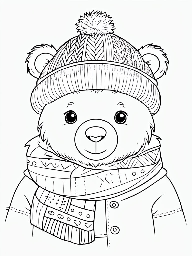 Cute Cozy Bear Winter Clothing Line Art for Coloring Book Pages