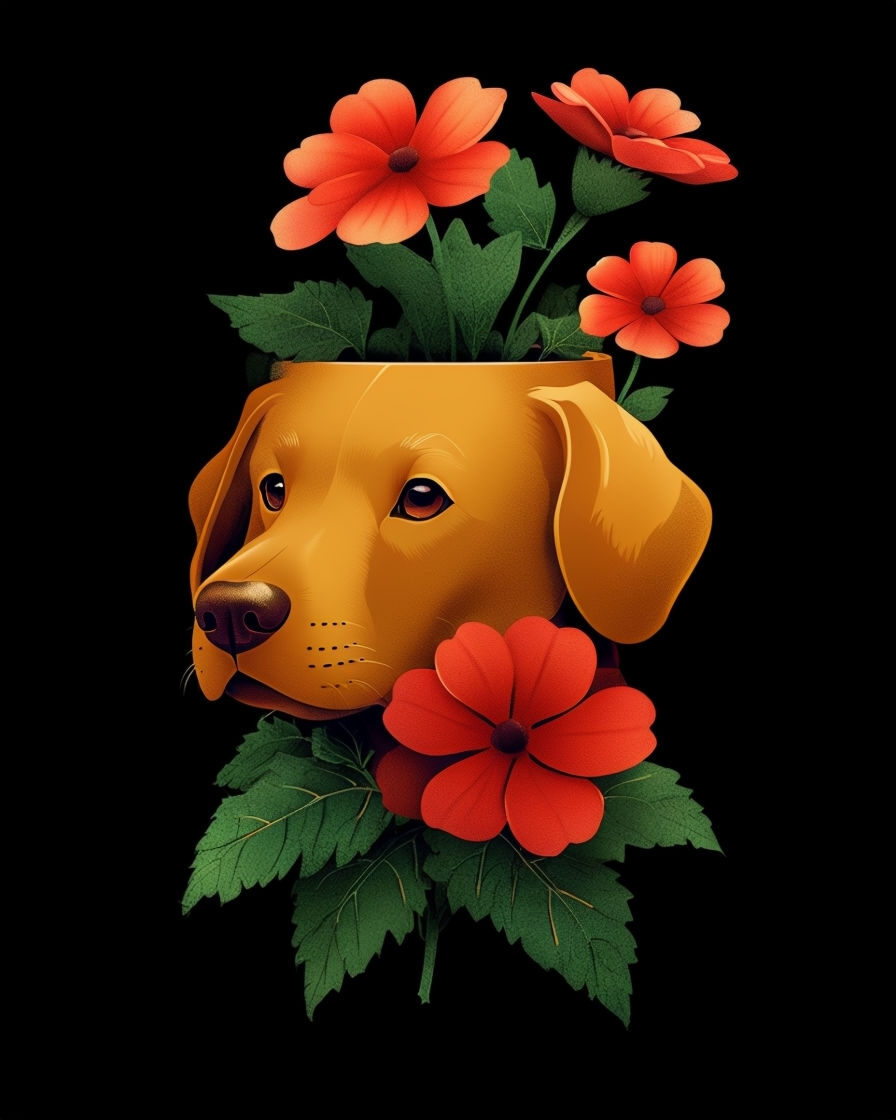 Whimsical Golden Dog Planter with Vibrant Flowers Poster
