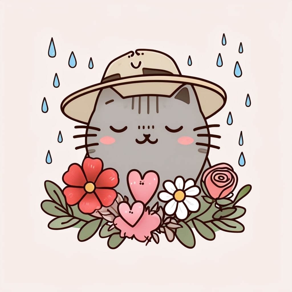 Cute Gray Cat in Beige Hat with Colorful Flowers T-Shirt