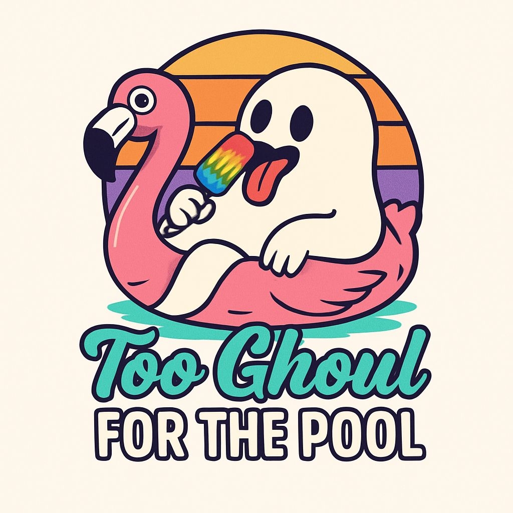 Playful Cartoon Ghost Enjoying Pool Time with Flamingo Sticker