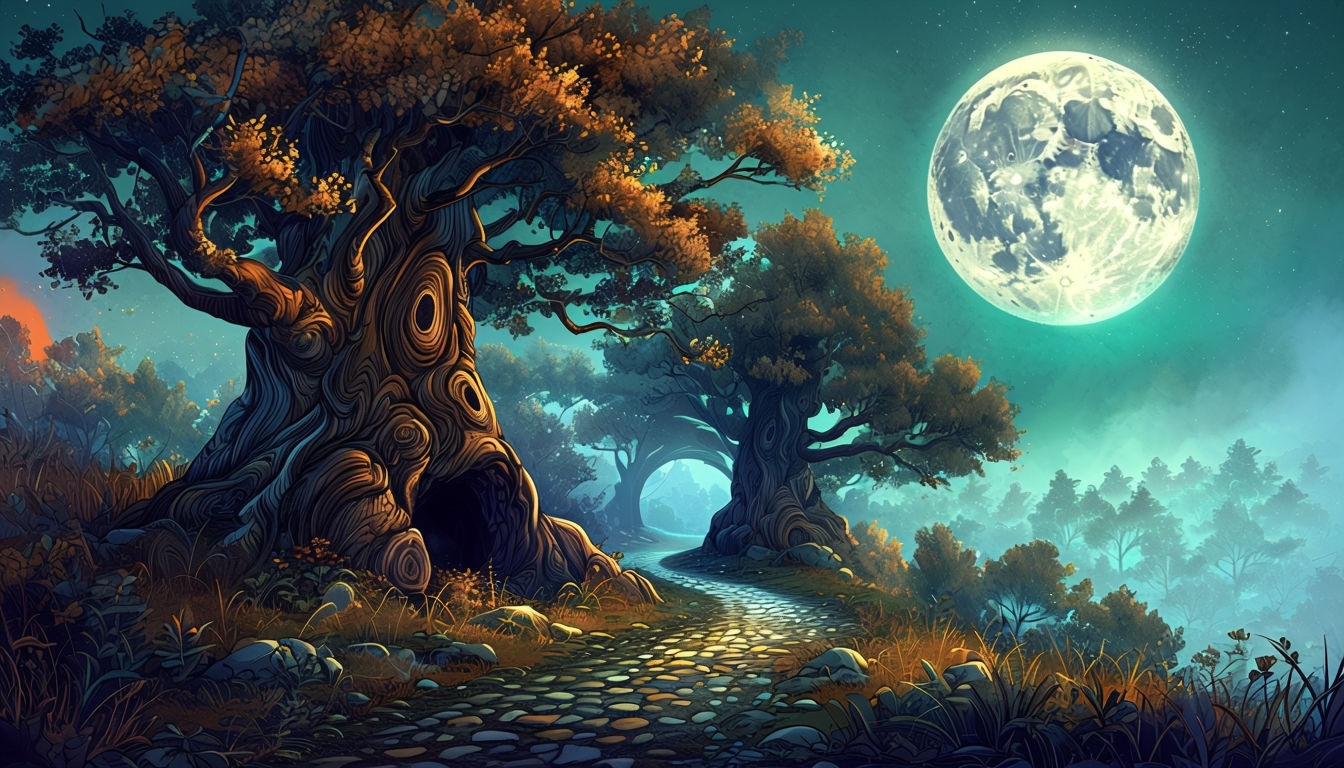 Mystical Forest Night Scene with Moonlit Pathway Background