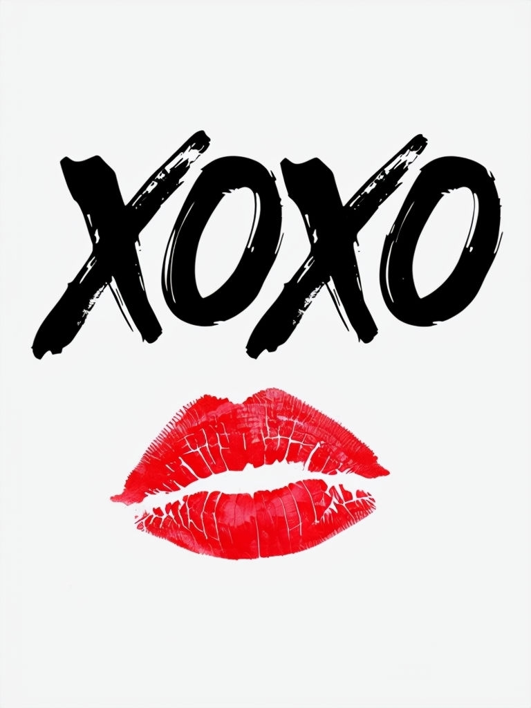 Playful XOXO Black Brushstroke with Red Kiss Print T-shirt