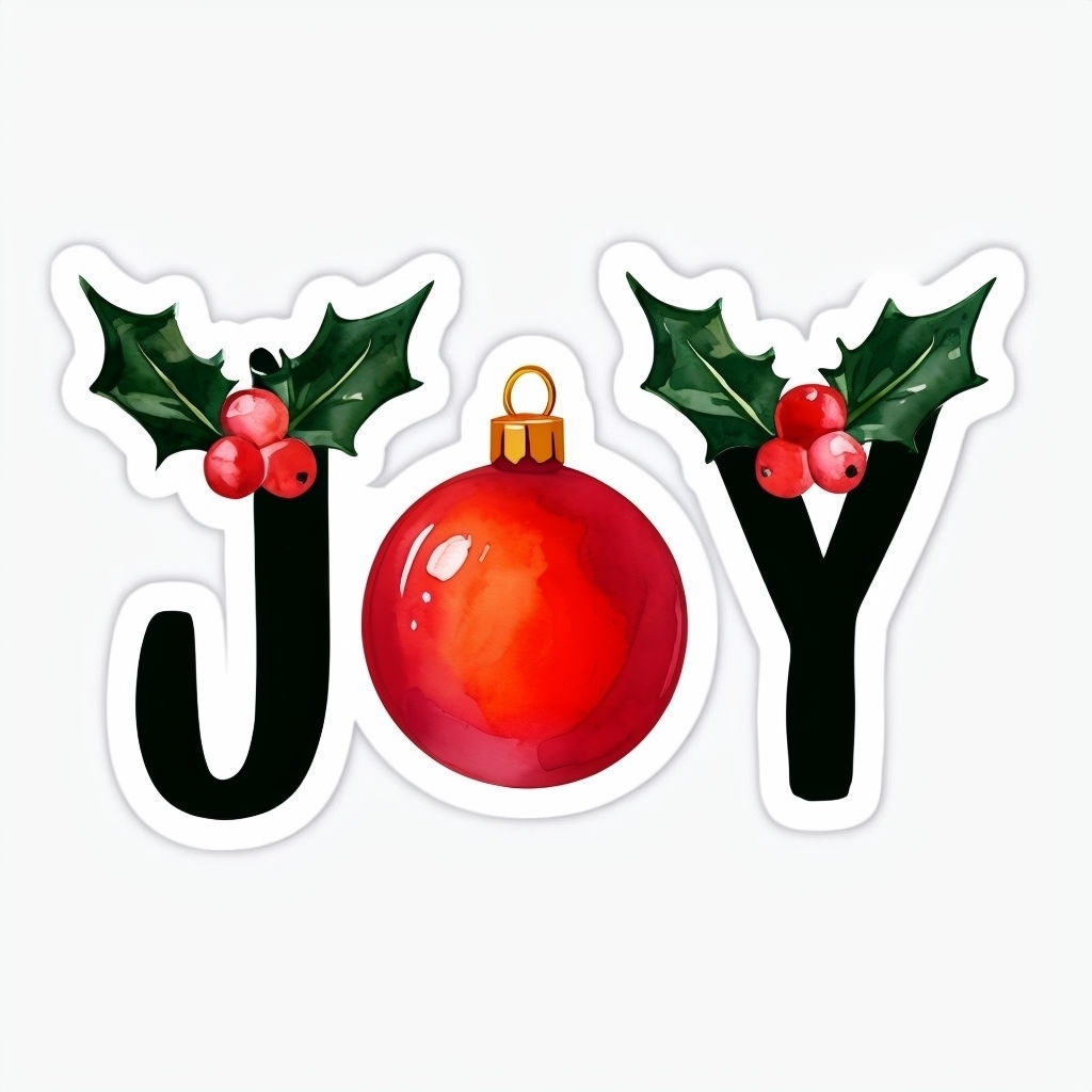 Festive 'JOY' Holiday Sticker with Holly Leaves and Ornament