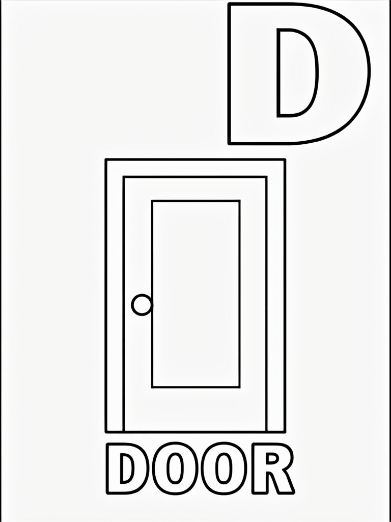 Uppercase D and Door Coloring Page for Kids Learning Fun