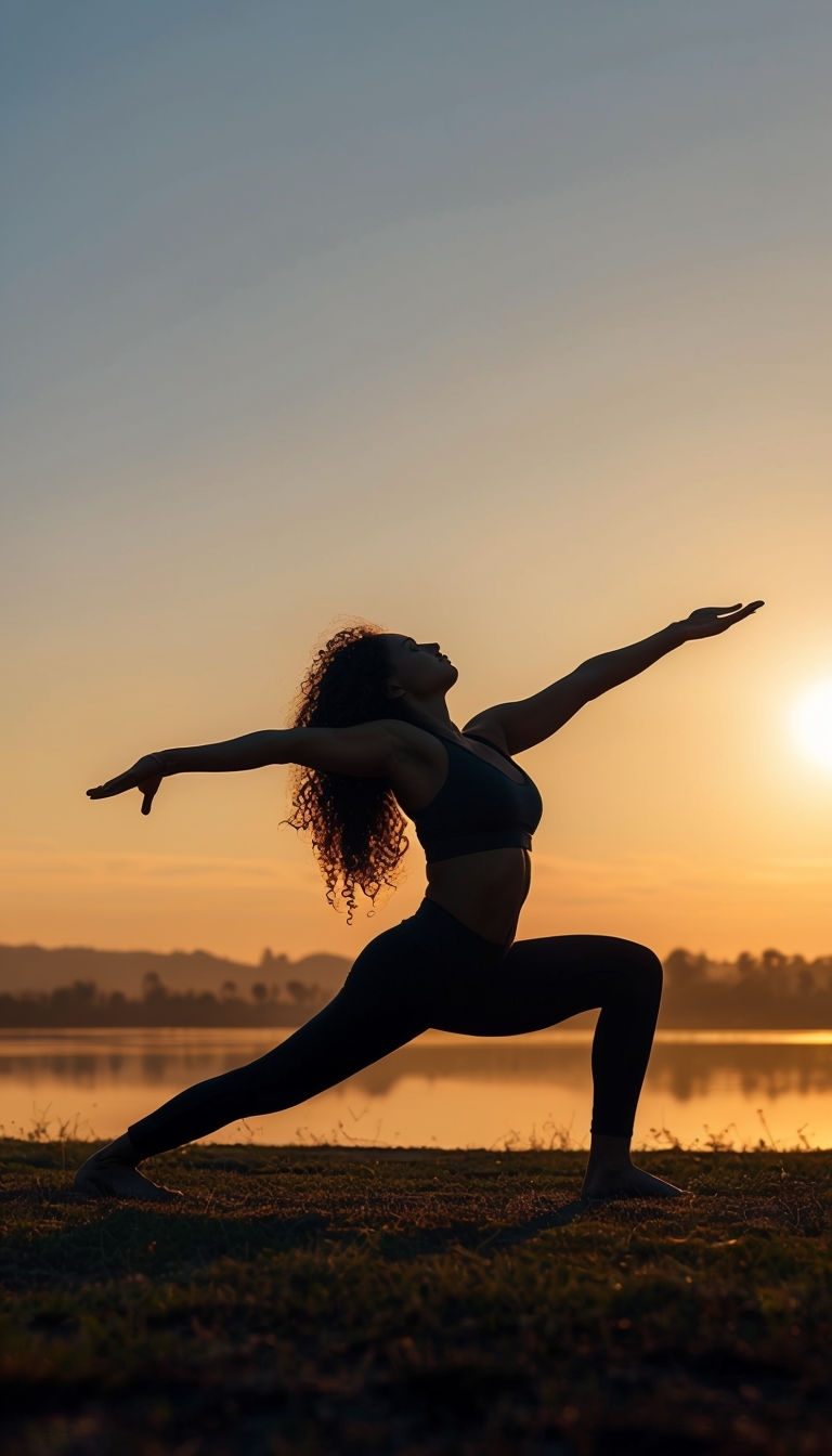 Serene Sunset Yoga Practice Silhouette in Tranquil Landscape Mobile Wallpaper