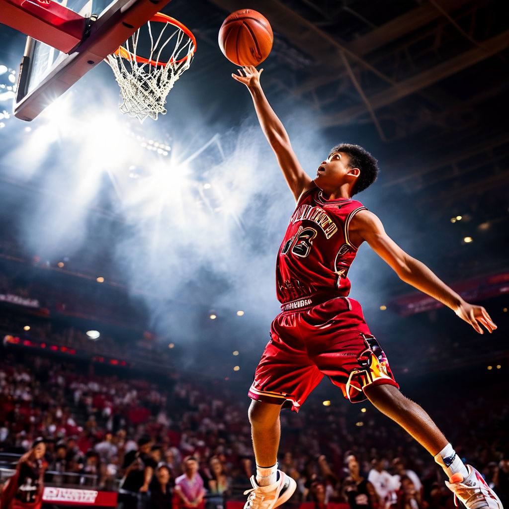 A boy mid-air about to perform a slam dunk on a basketball c... by ...