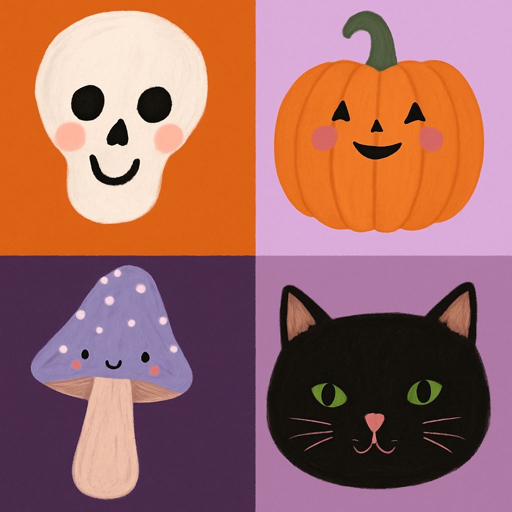 Cute Kawaii Halloween Characters in a Playful Grid Pattern Seamless Pattern