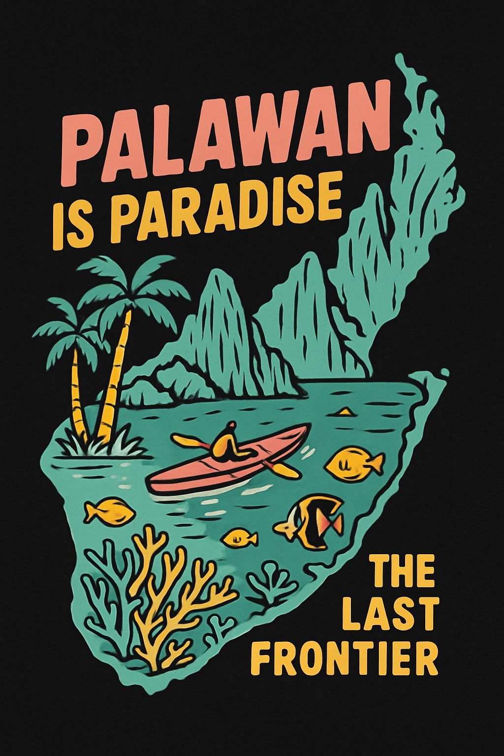 Vibrant Cartoon Palawan Paradise Kayaking Adventure Poster