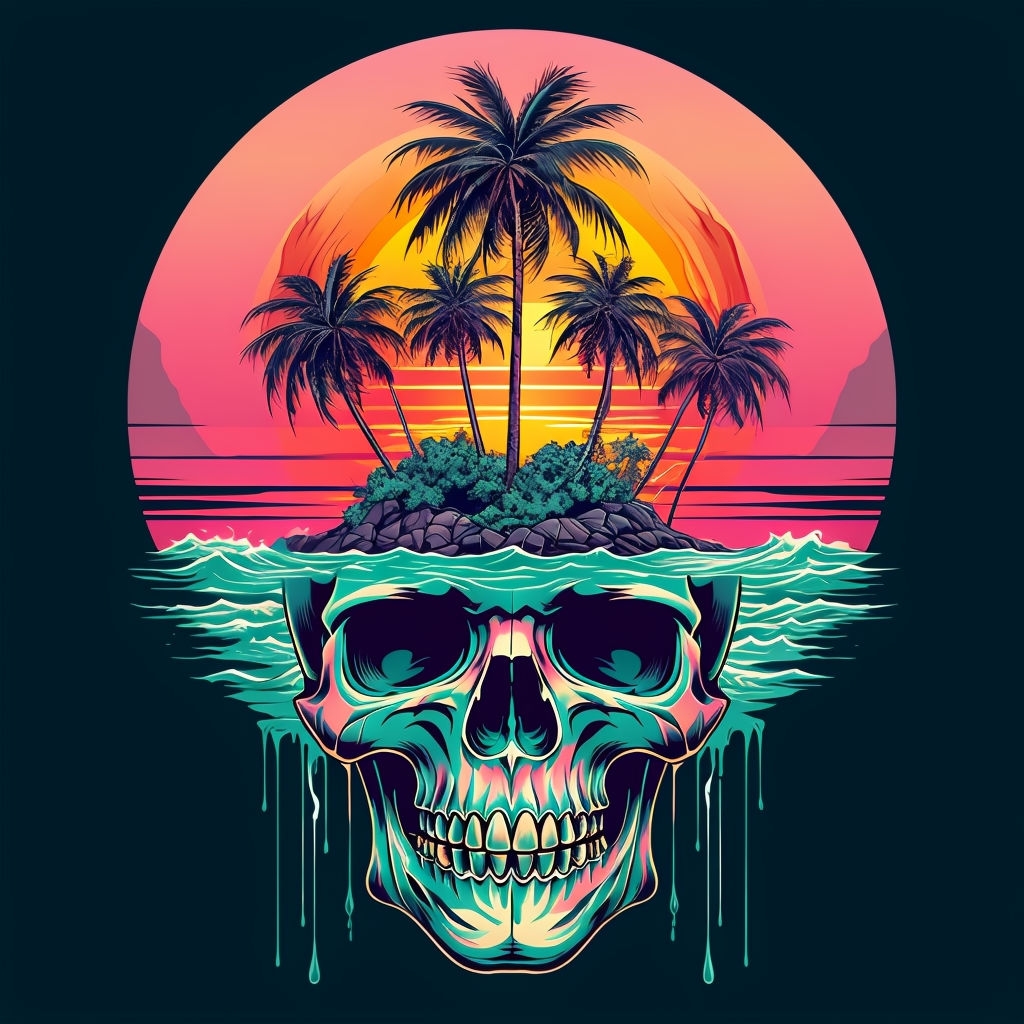 Surreal Tropical Skull and Sunset Digital Art T-Shirt