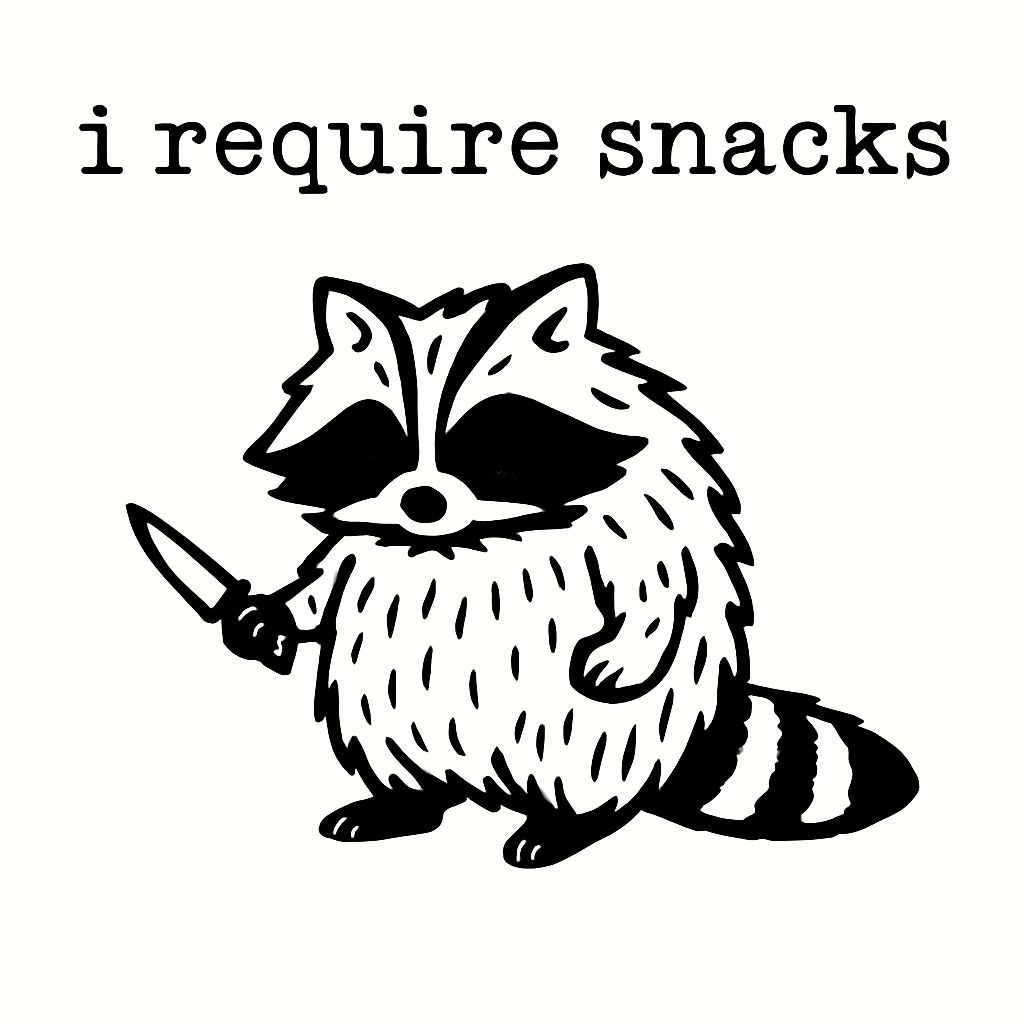 Playful Black and White Raccoon Illustration with Snack Quote Mug