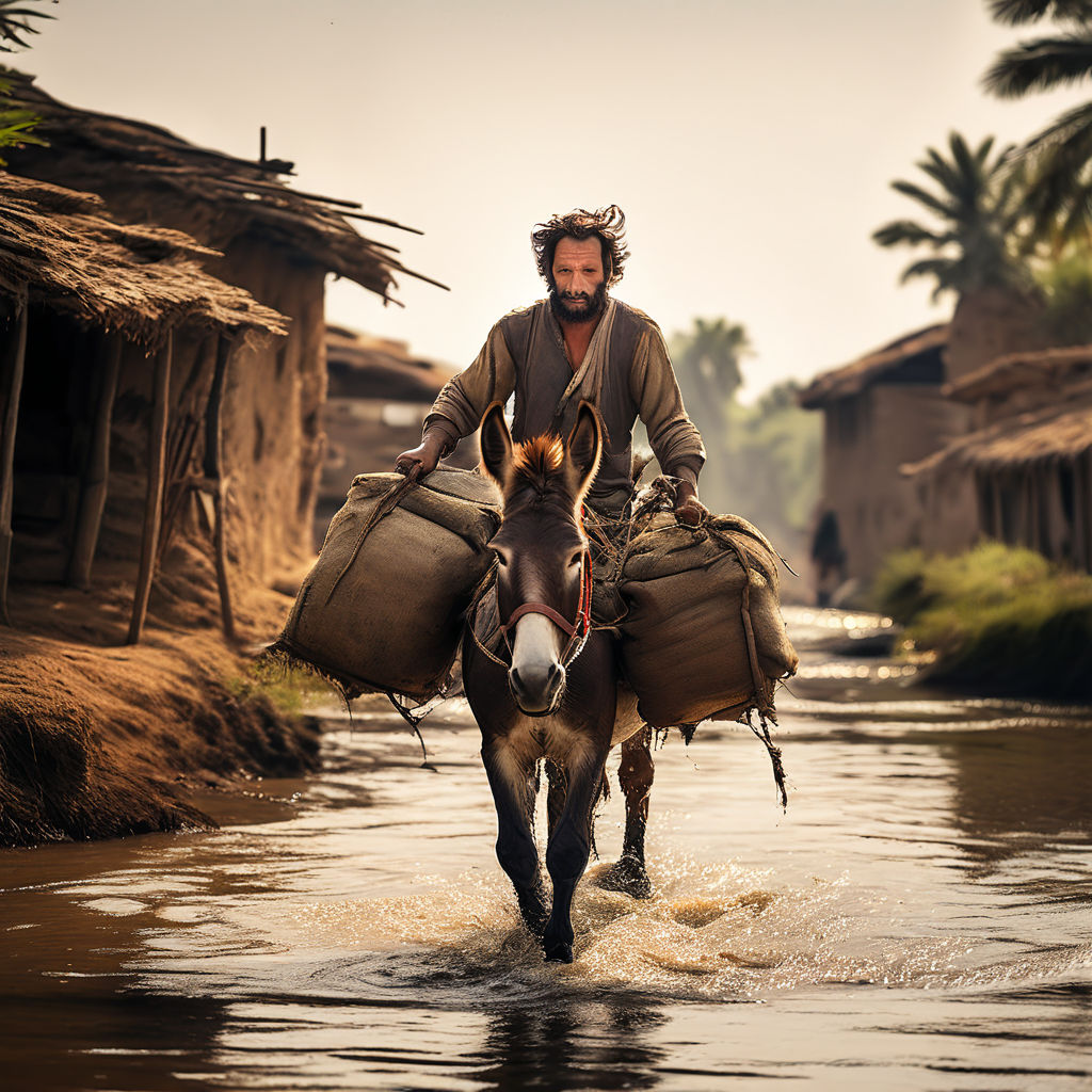 A man is carrying a donkey through the river inside the vill... by Rupa ...