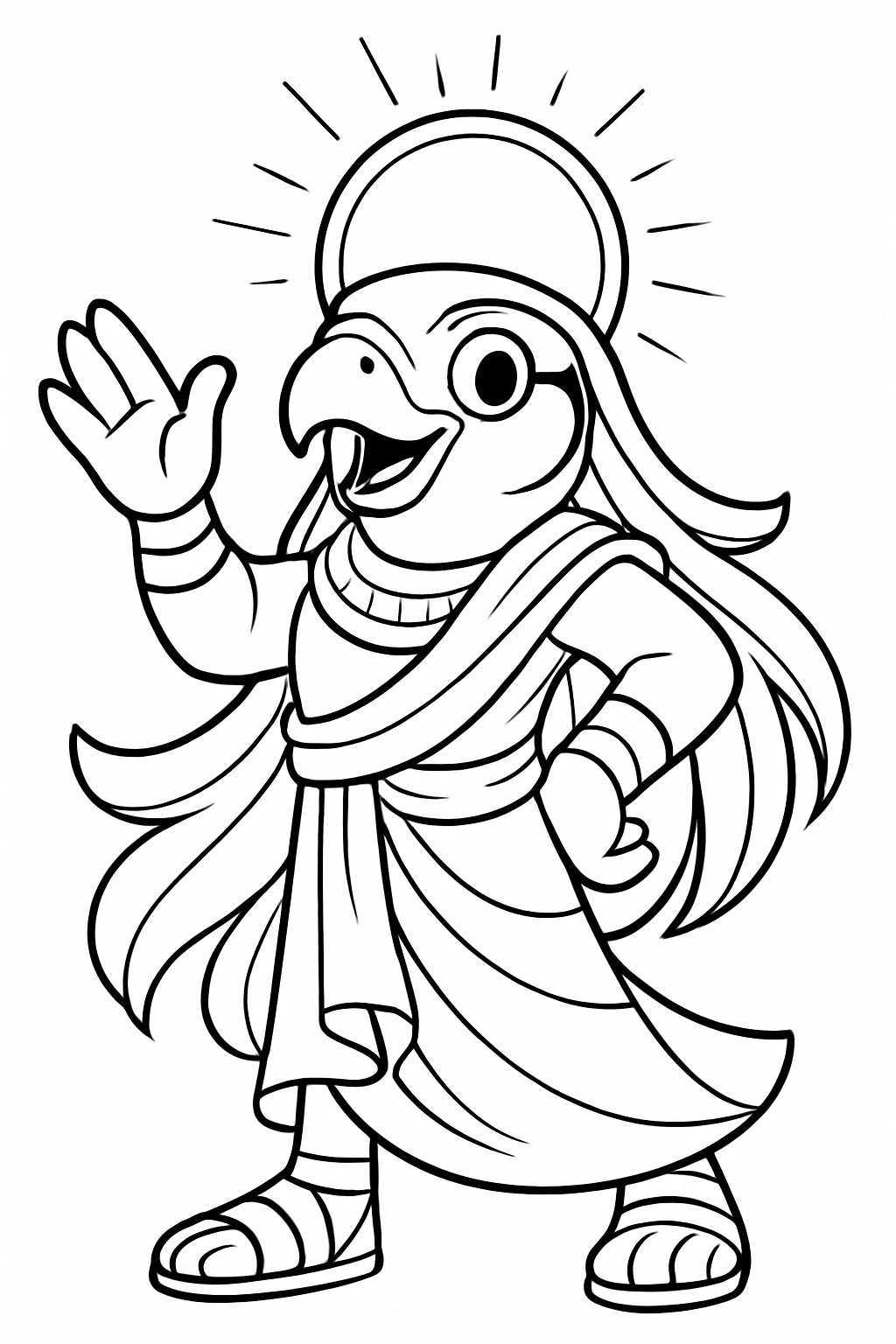 Cheerful Cartoon Bird with Halo and Robe Coloring Book Page