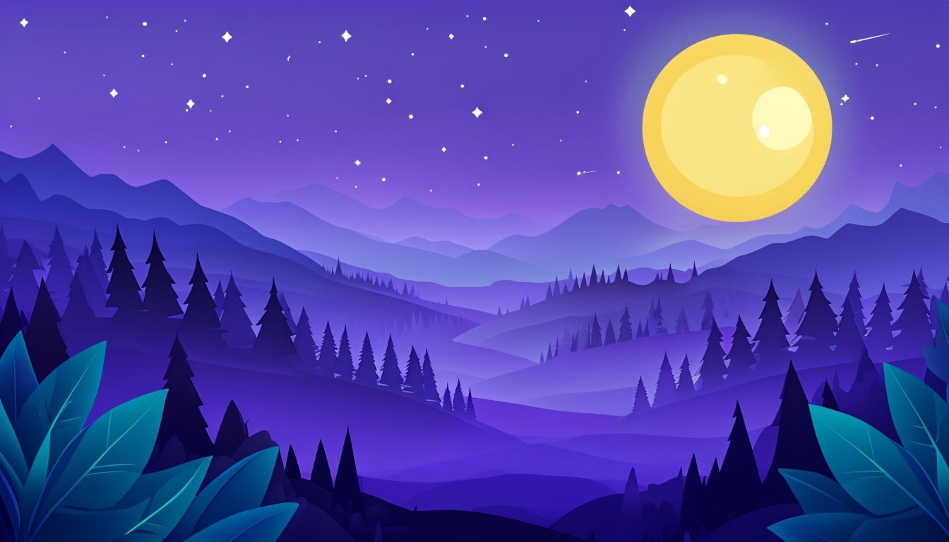Serene Cartoon Nighttime Landscape with Moon and Stars Background