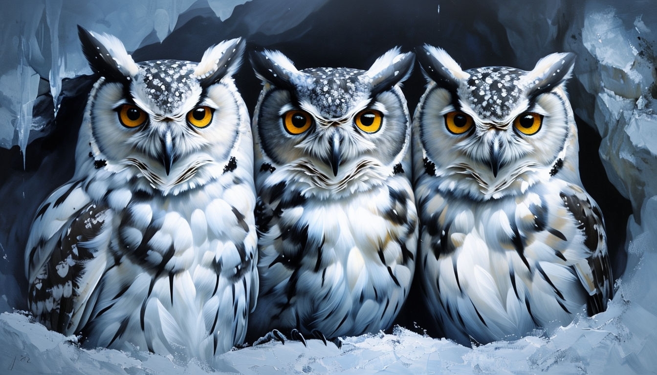 Symmetrical Trio of Owls in a Wintry Cave Scene Background