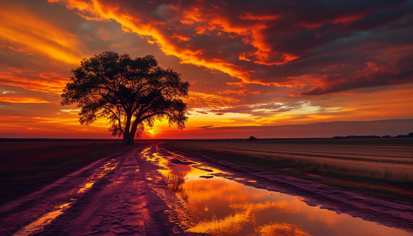 Serene Sunset Landscape with Majestic Tree Virtual Backgrounds