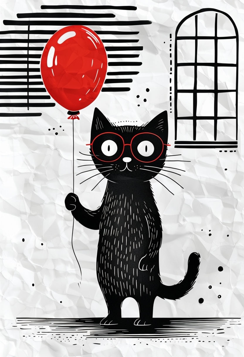 Playful Black Cat with Red Balloon Cartoon Sticker