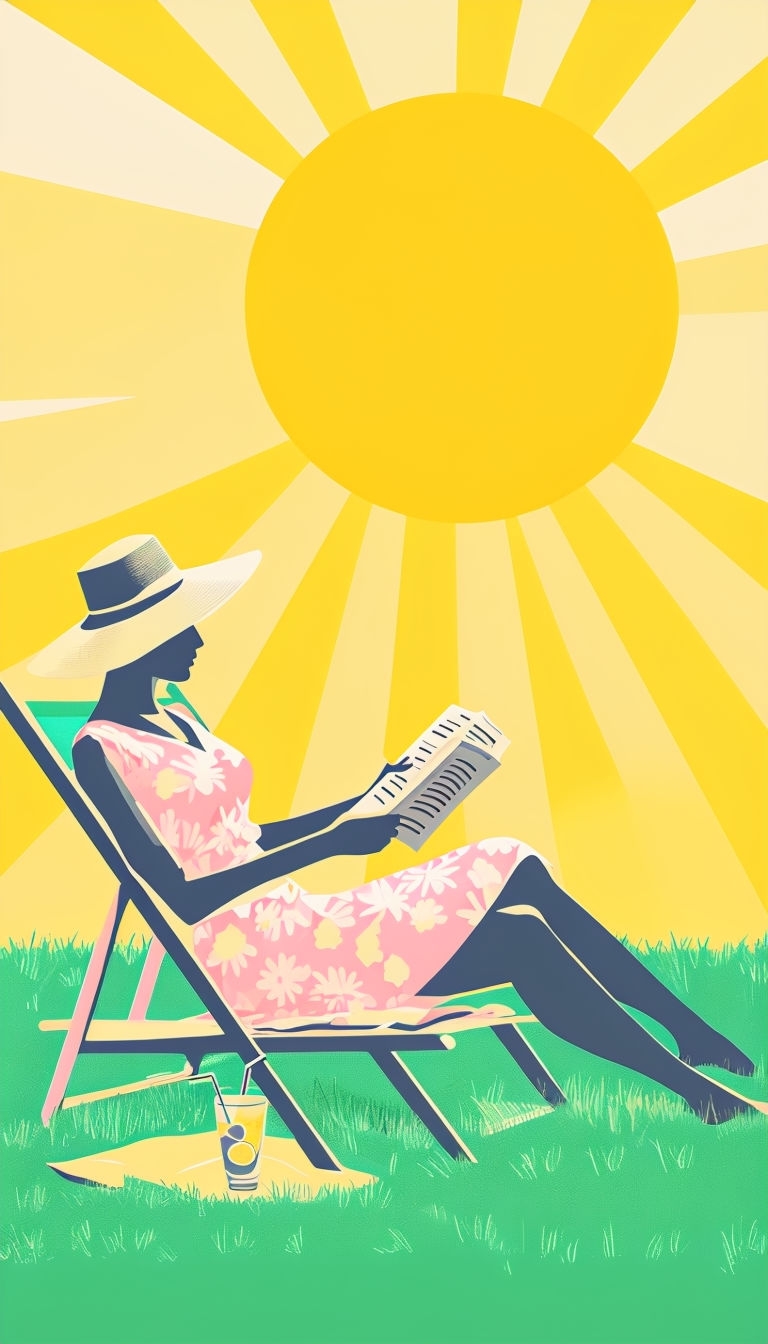 Sunny Reading Woman in Floral Dress Illustration Art
