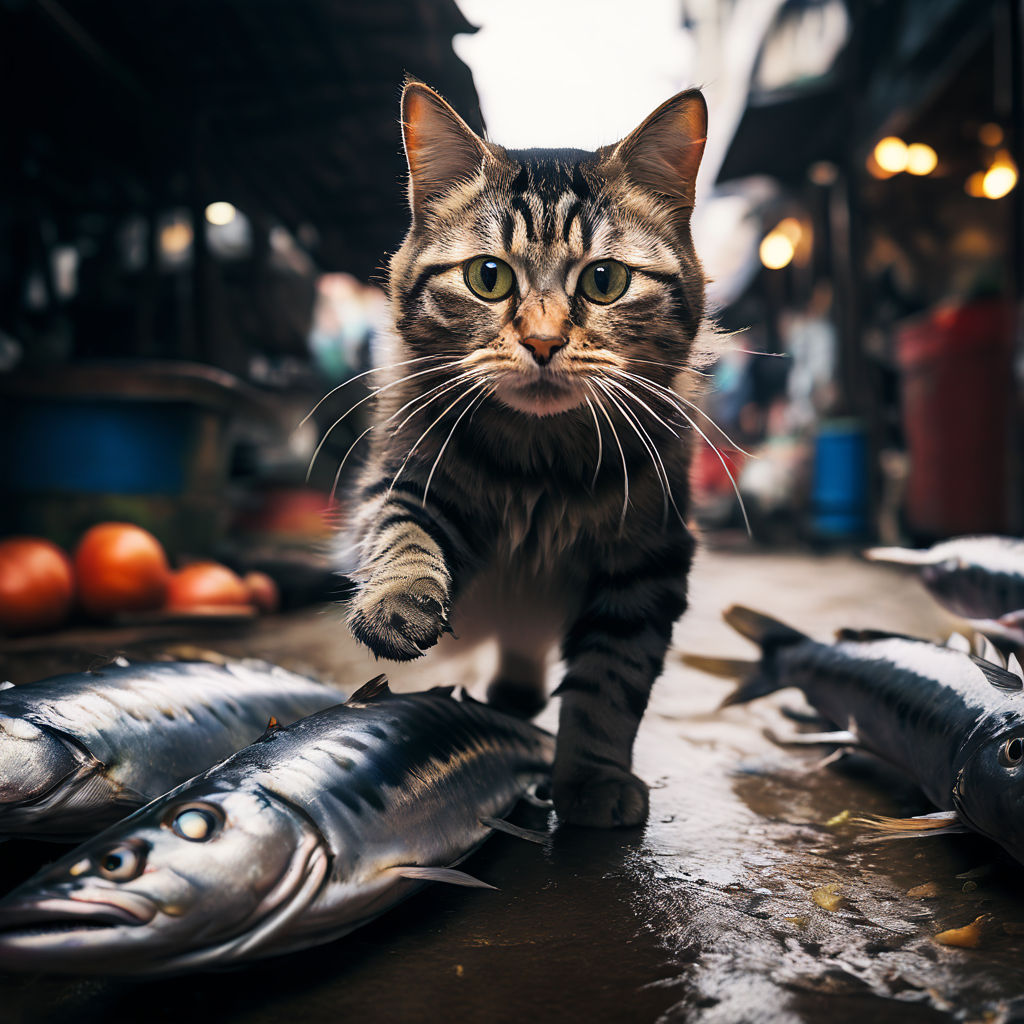 Cat steals mackerel running in the market by ม้าเร็ว บางไซ Playground
