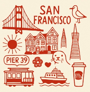 Whimsical Retro San Francisco Symbols Illustration T-Shirt