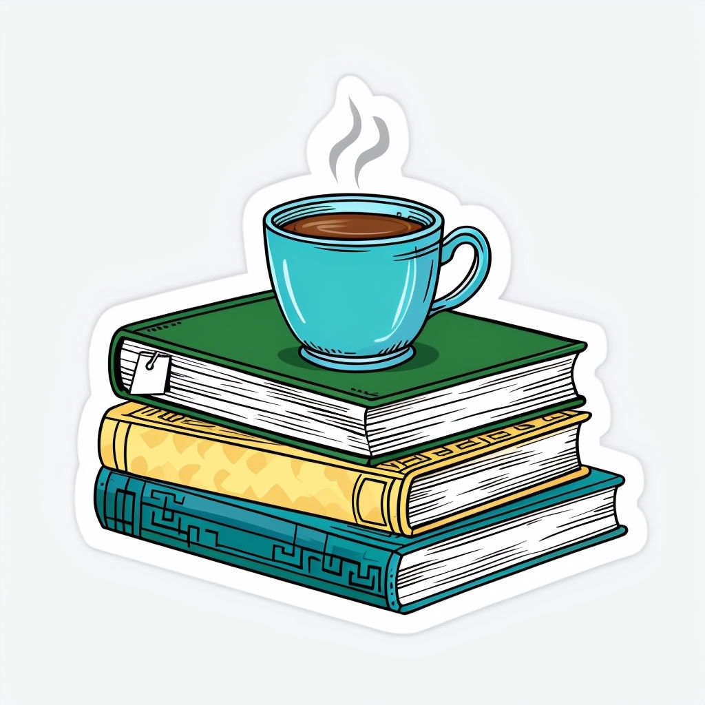 Colorful Cartoon Stack of Books with Coffee Cup Sticker