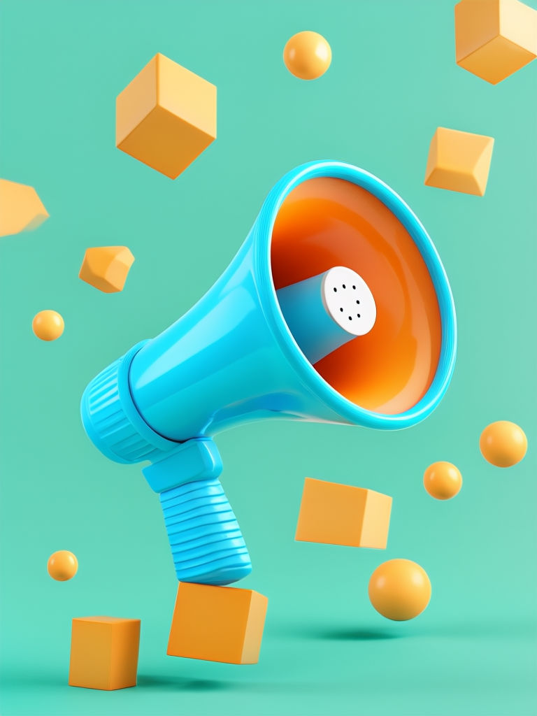 Vibrant 3D Glossy Megaphone with Geometric Shapes Art