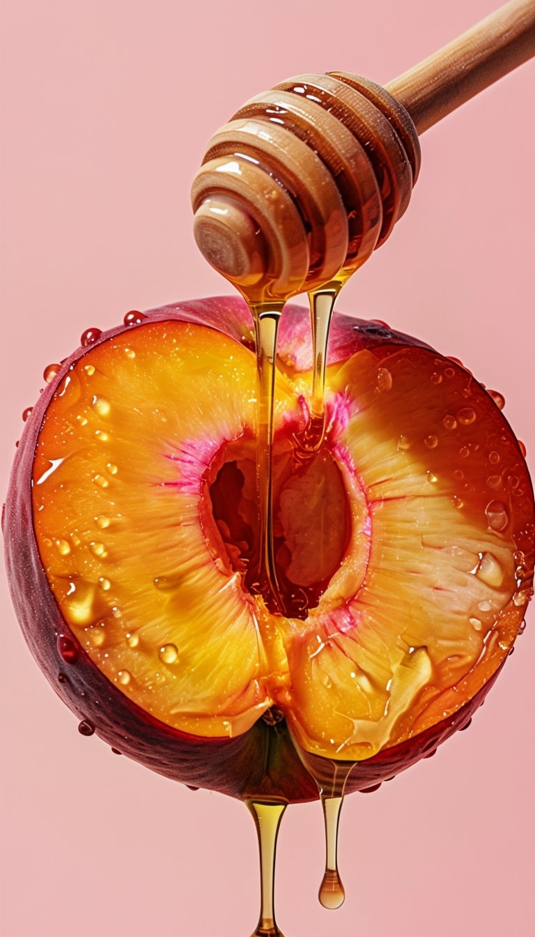 Vibrant Fresh Peach with Honey Dipper Close-Up Mobile Wallpaper
