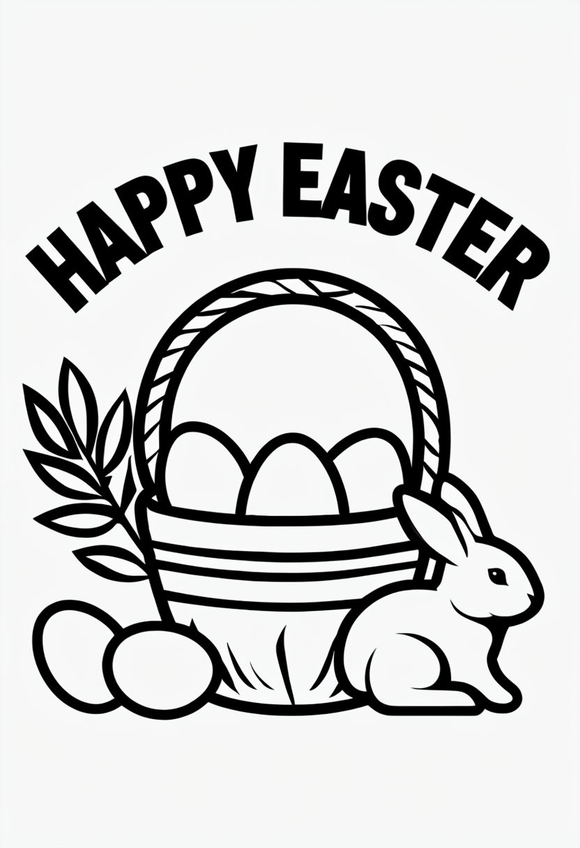 Happy Easter Festive Scene with Bunny and Basket Coloring Page