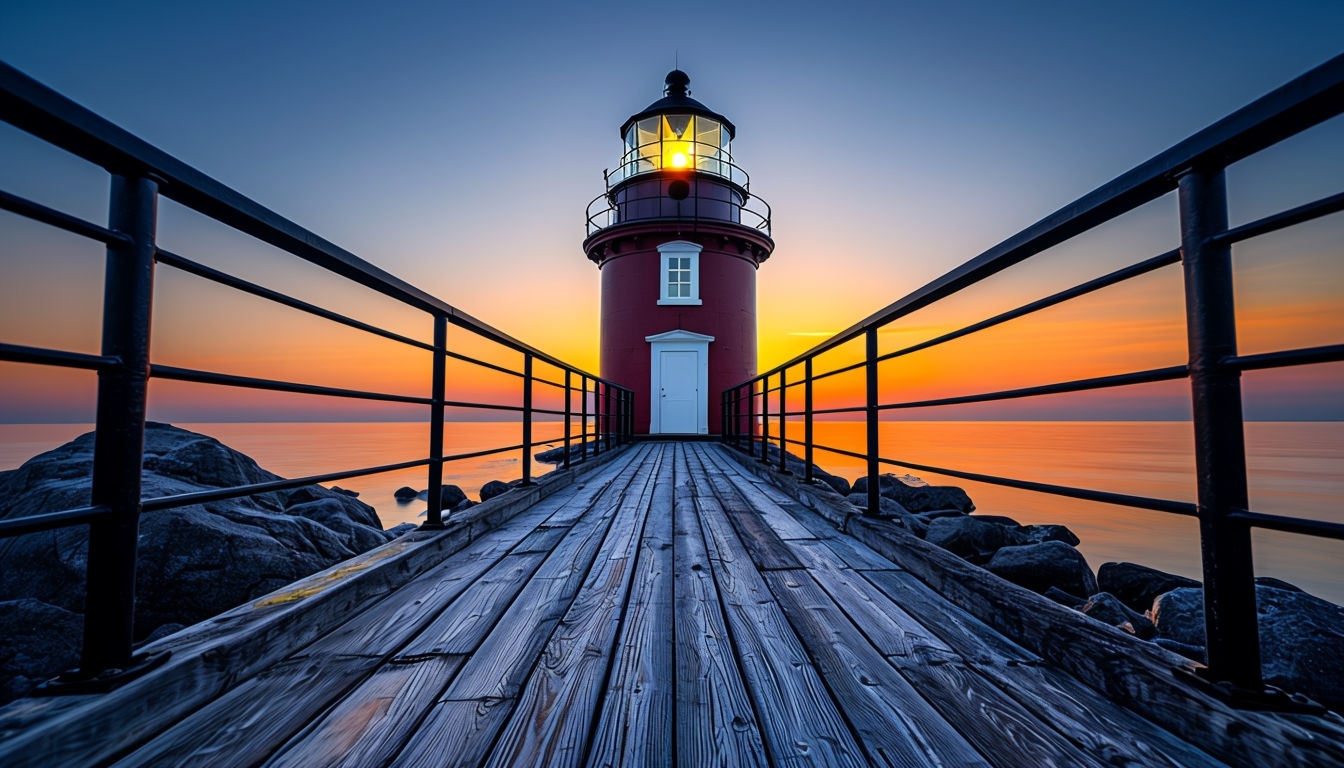 Tranquil Wooden Walkway to Red Lighthouse Sunset Scene Virtual Backgrounds