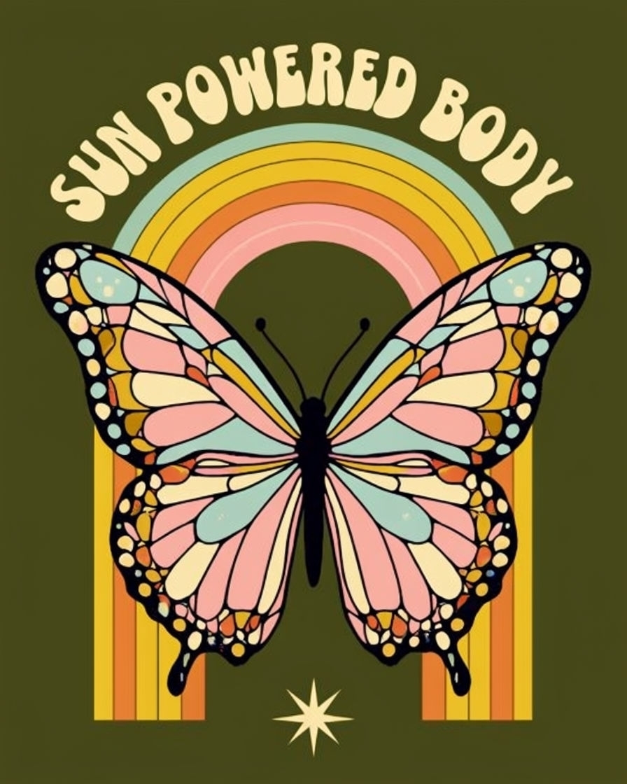 Vibrant Retro Butterfly with Sun Powered Body Graphic T-Shirt